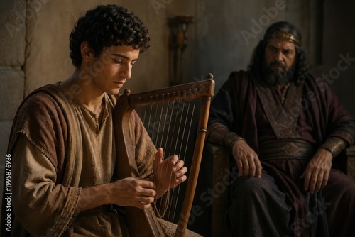 young david playing the harp before king saul in a quiet palace chamber, a biblical scene of music, comfort and spiritual calm where melody eases inner torment and royal tension