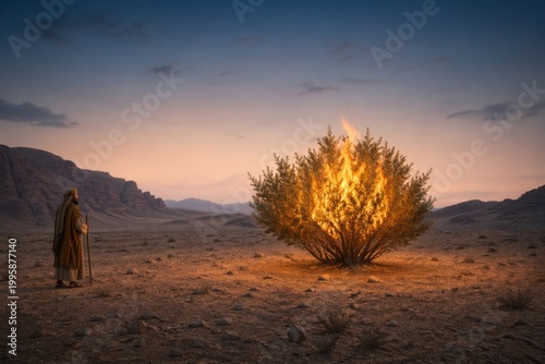 moses standing in the desert before a bush engulfed in living fire yet untouched, a powerful biblical revelation scene of divine presence, calling, mystery and holy awe at twilight