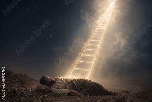 jacob asleep on rocky ground beneath the night sky as a radiant ladder rises toward heaven, a visionary biblical scene of divine connection, promise, mystery and spiritual awakening