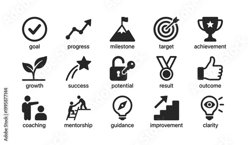 Achievement and progress icons arranged in rows on white background