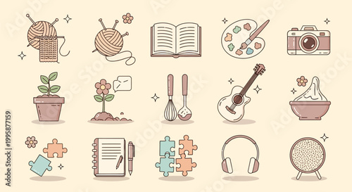 A collection of charming, hand-drawn icons representing various hobbies and creative pursuits, including knitting, gardening, painting, music, and more.