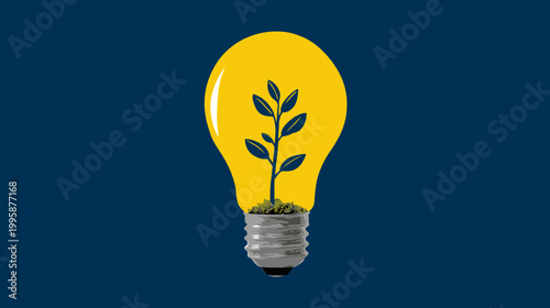 A stylized illustration features a glowing lightbulb containing a growing plant. It sits on a dark blue