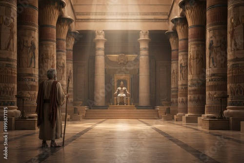 moses standing before pharaoh in a vast egyptian throne hall, a tense biblical confrontation of power, authority and obedience with sacred purpose, dramatic light and royal grandeur