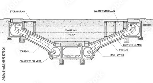Cross-section diagram of underground storm drain and wastewater main infrastructure with concrete culvert and soil layers.