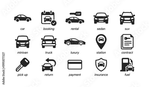 Car rental icons of vehicle types and services on white background