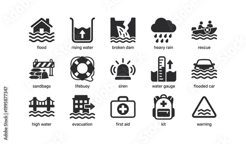 Flood and emergency icons collection on white background