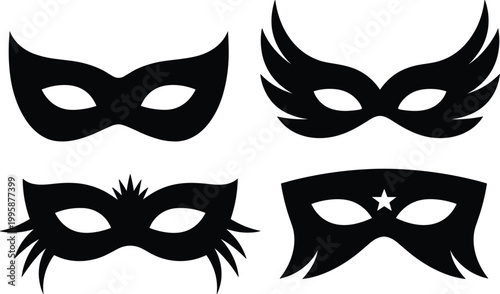 set of masquerade masks silhouette vector illustration, carnival party disguise elegant decorative costume design collection