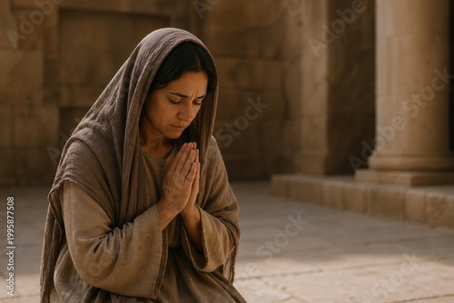 hannah kneeling in quiet prayer within a temple court, an intimate biblical scene of longing, sorrow and trust that expresses maternal hope, devotion and silent spiritual surrender