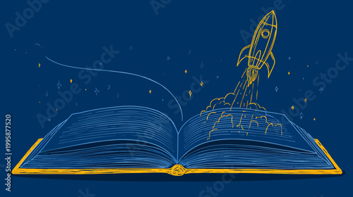 Open book illustration featuring a rocket taking off into the starry sky. Blue and yellow