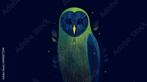 A vibrant, stylised depiction of a owl with a detailed texture against a deep blue background