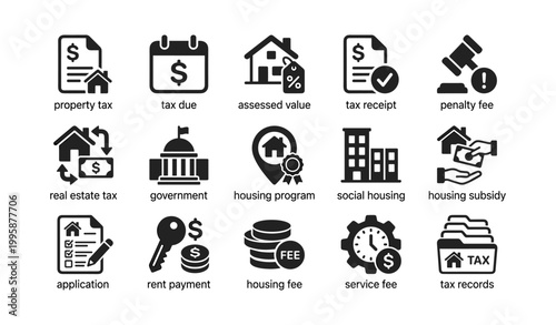 Housing tax and program icons arranged in grid with labels