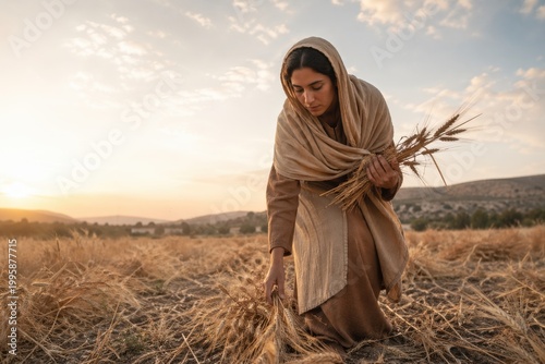 ruth gathering leftover grain in a sunlit field at golden hour, a tender biblical scene of humble labor, provision and dignity that conveys harvest, poverty, faith and quiet perseverance