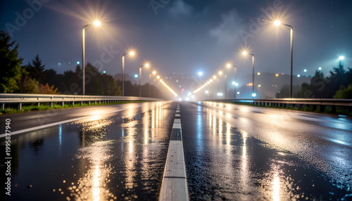 Empty wet highway at night with glowing streetlights.