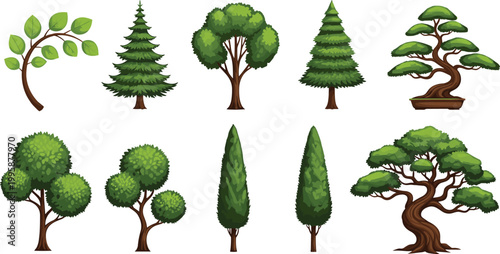 Decorative Tree Collection with Pine, Bonsai, Cypress, and Garden Trees for Landscape and Nature Vector Illustration Set.