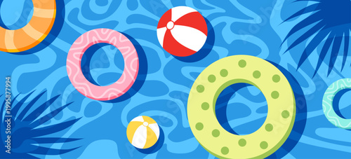 Colorful inflatable swimming rings and beach balls on blue pool water. Summer vector background for poster, banner, party invitation.