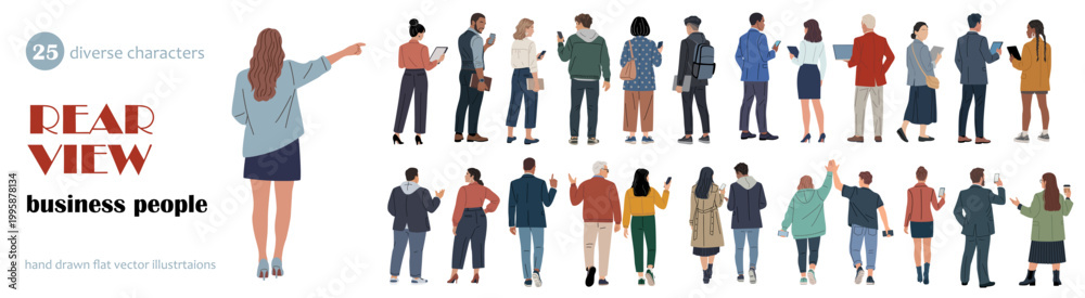 Fototapeta premium Rear view business people set with 25 diverse characters standing and walking. Casual professionals using laptops, phones and tablets, back view isolated on transparent background