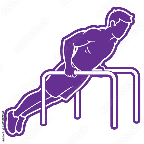 Illustration of a person performing a pushup on parallel bars showcasing strength and fitness in a minimalist style