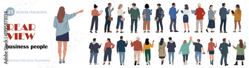 Rear view business people set with 25 diverse characters standing and walking. Casual professionals using laptops, phones and tablets, back view isolated on transparent background