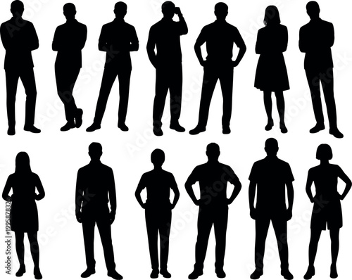 Collection of business people silhouettes showing men and women in standing poses isolated on white background for corporate design use