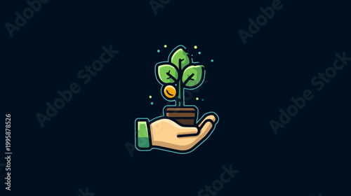 Stylized illustration depicts a hand cradling a small plant in a pot against a dark background