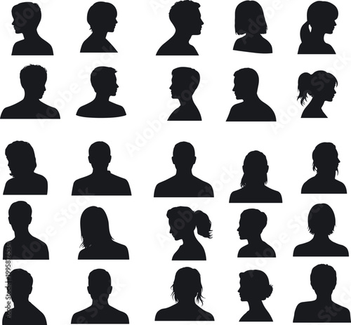 Collection of diverse human profile silhouettes showing men and women side view head poses isolated on white background