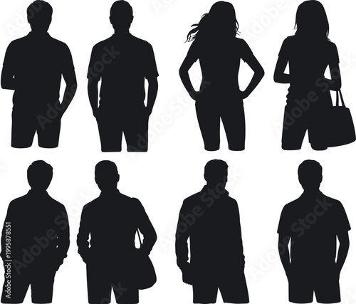 Collection of casual people silhouettes showing men and women in relaxed standing poses isolated on white background
