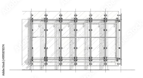 Architectural drawing of a modern glass facade system with detailed structural components and connections for a building exterior.