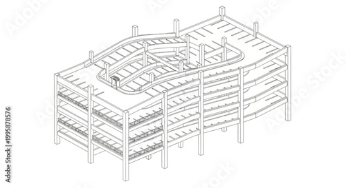 Detailed wireframe rendering of a multi-story parking garage structure with ramps and parking spaces.
