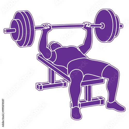Purple silhouette of a weightlifter performing bench press exercise on gym equipment isolated fitness illustration