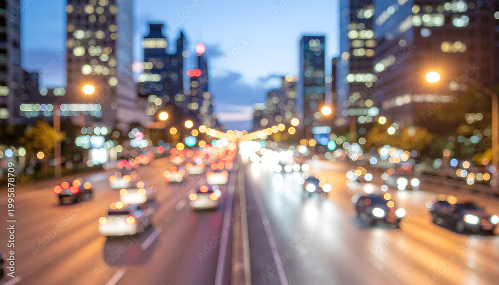 Obraz premium Blurred city traffic at dusk with bokeh lights.
