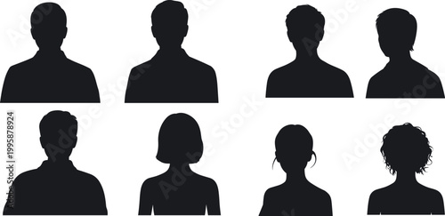 Collection of male and female silhouette avatars in front view representing anonymous users, profile icons, and diverse digital identity concepts