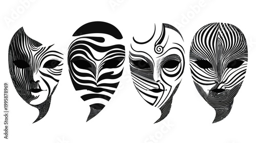 Graphic art of four abstract masks in black and white with patterned designs on a white background