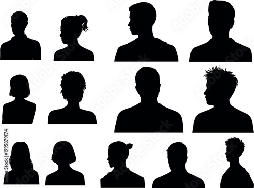 Set of diverse human head silhouettes featuring men and women front and side views isolated on white background