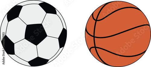 soccer ball and basketball vector illustration, sports equipment icons isolated simple flat design style