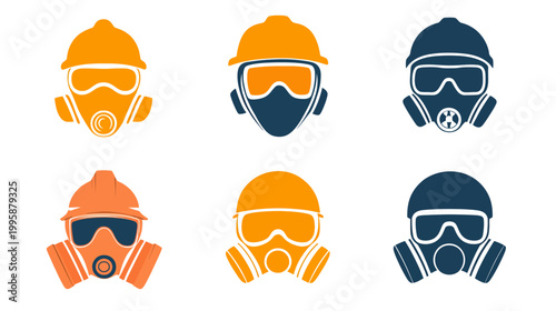 Collection of six colorful illustrations of safety gear including respirators and construction helmets