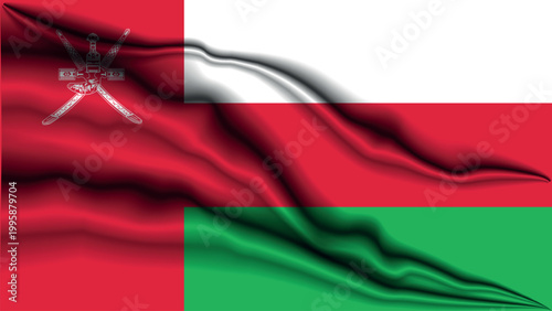 Dramatic dark and realistic waving fabric background with the colors and takbir of the Omani flag.