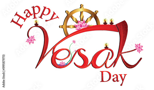 Happy Vesak Day Greeting with Golden Dharma Wheel, Lotus Flowers and Elegant Typography Vector Illustration