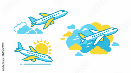 Set of travel icons with airplanes flying through clouds and sunshine