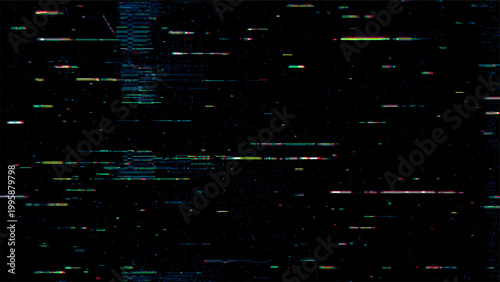 Abstract glitch background with digital noise effect. Distorted television screen pattern with multicolor horizontal lines. Cyberpunk style texture for modern tech graphic design.