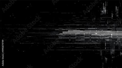 Glitch background with digital distortion effect. Abstract screen error and data corruption texture. Technology failure concept represented with chaotic monochrome noise and signal pixel.