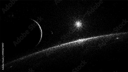 Planet and star in deep space vector background. Monochrome stippled galaxy illustration with celestial body and glowing sun. Cosmic mystery, astronomy, universe and science concept.