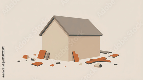 Minimalist illustration of a damaged house