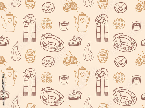 Seamless autumn pattern with cozy line art icons including pumpkin, pie, candle, mug, scarf, yarn, boots, and waffle on a warm beige background