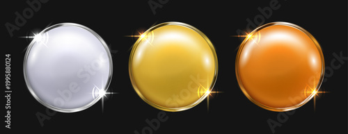 3D Glossy Metallic Circle Button Set in Silver Gold and Bronze, Shiny Round Badge Icons with Sparkle Light Effect on Dark Background, Luxury Vector Illustration