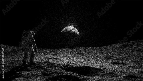 Astronaut standing on the moon surface looking at planet earth. Space landscape with star sky and crater. Digital illustration of human explorer in galaxy for science background.