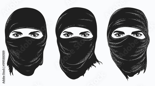 Three portraits of faces wearing black face coverings, only the eyes visible