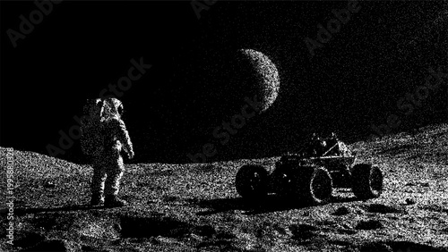 Astronaut walking on moon surface with lunar rover. Space exploration concept. Black and white grainy dotwork illustration of man on planet with planet in horizon. Cosmic discovery background.
