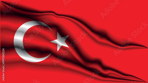 Dramatic dark and realistic waving fabric background with deep folds in the colors of the Turkey flag.