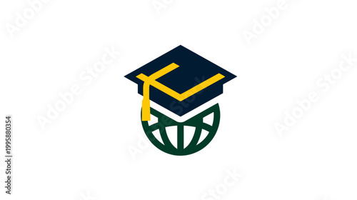 A graduation cap atop a globe-like shape, suggesting global education, rendered in blue, gold, and green