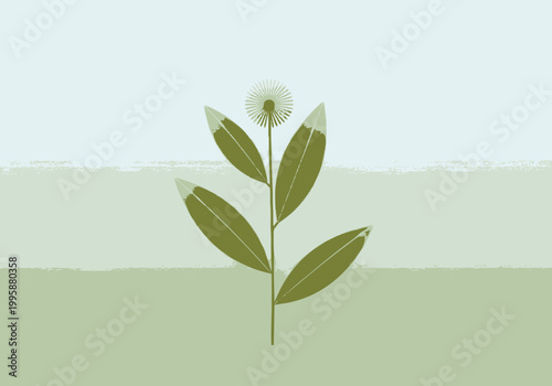 Minimalist illustration of a light green plant stem with elongated leaves and a fluffy dandelion seed head against a soft gradient background of pale blue and green